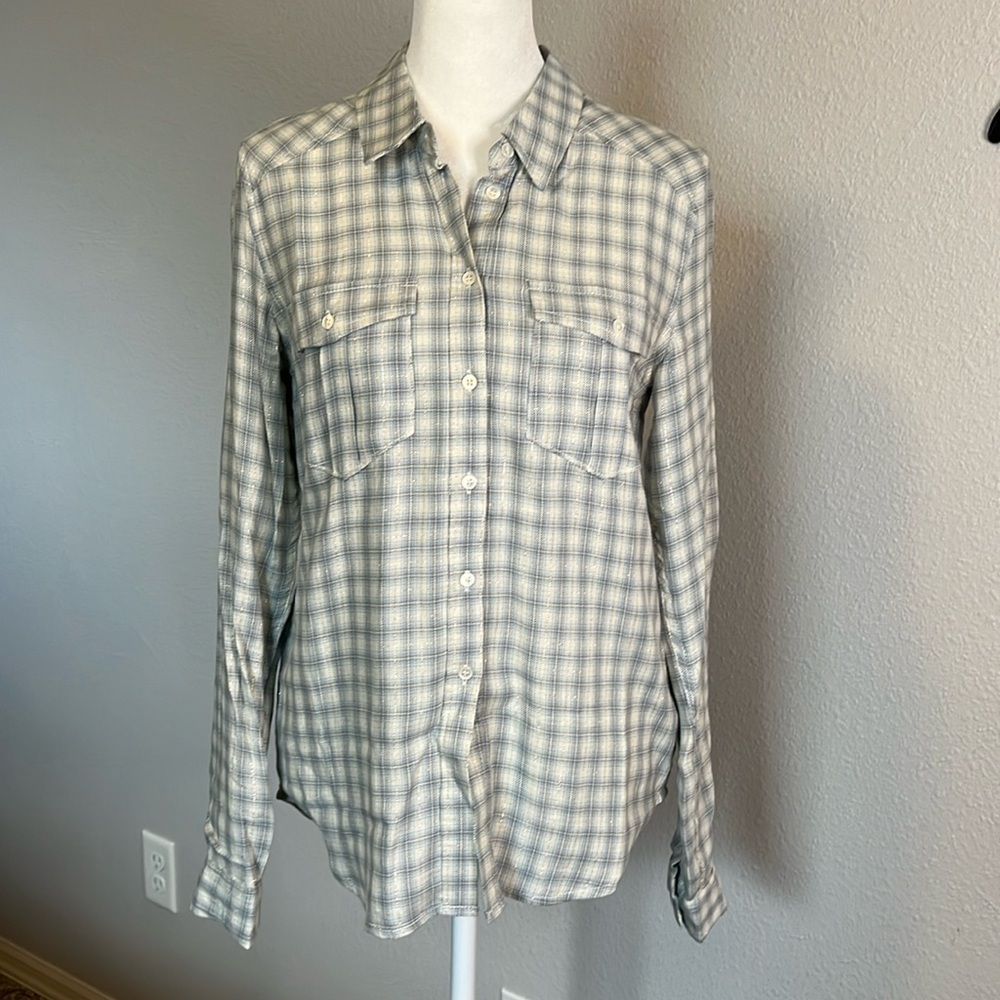 Paige Button Down Shirt Blue/Gray/Silver Plaid Size XS